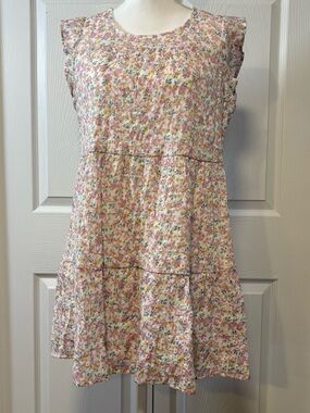Floral Babydoll Mini Dress Cottagecore Coquette Tiered Pink Medium